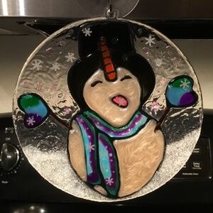 Hand painted Stained glass Snowman catching a snowflake